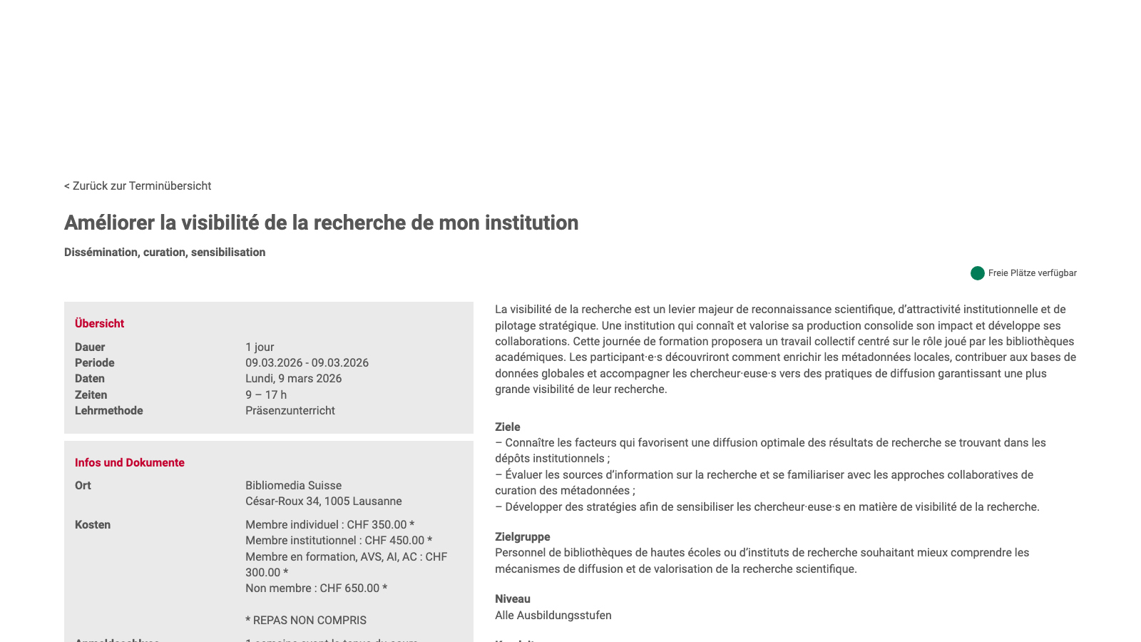 Bibliosuisse event page for the training on improving institutional research visibility