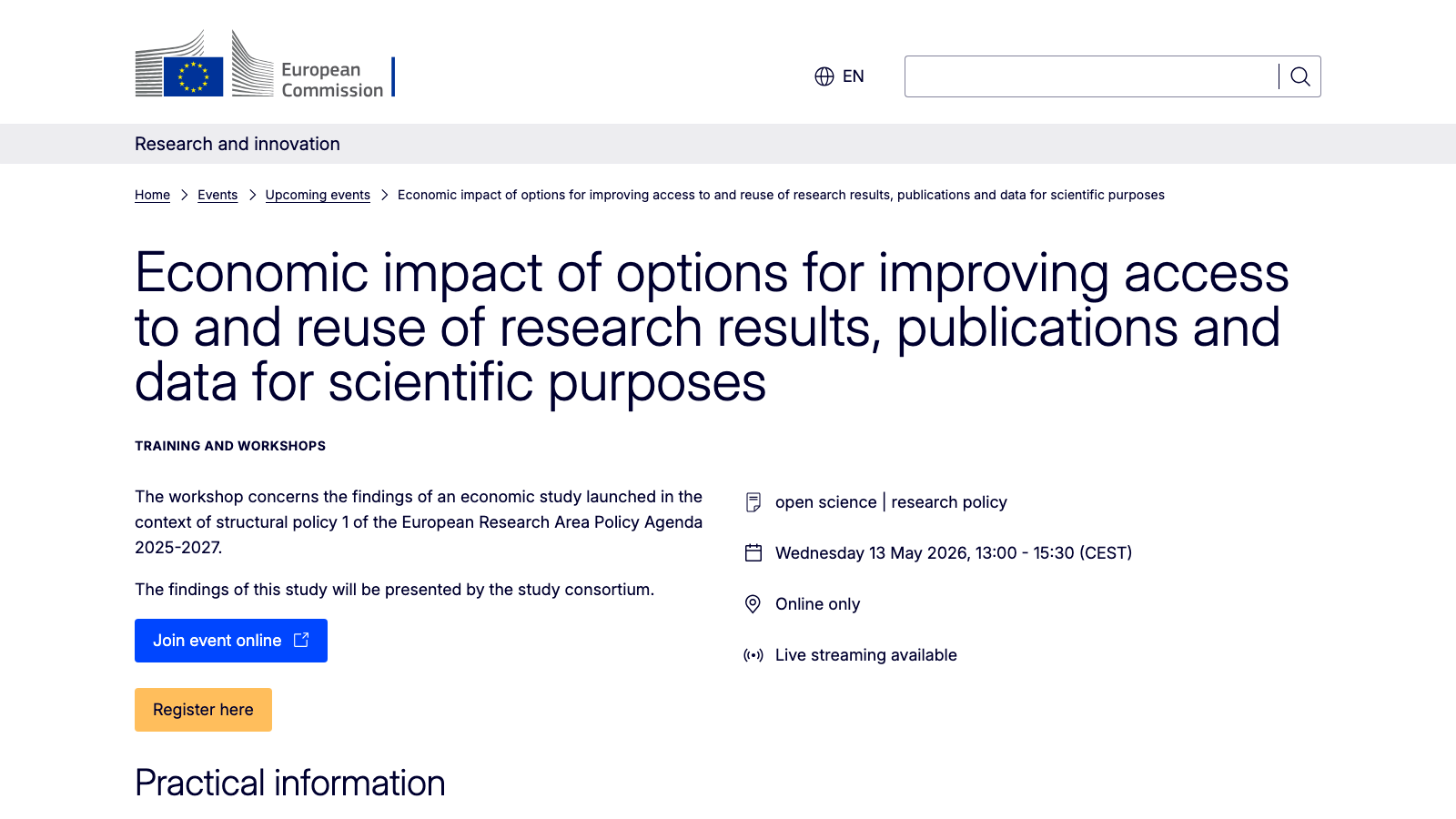 European Commission event page for the workshop on the economic impact of research access and reuse options