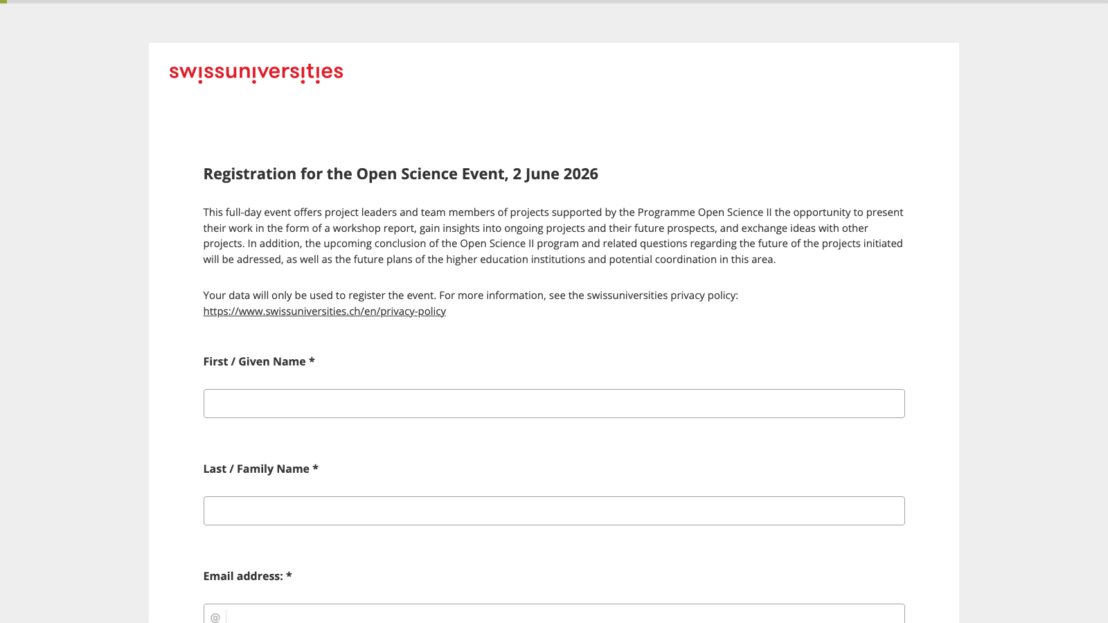 Registration form for the swissuniversities Open Science Event in Bern