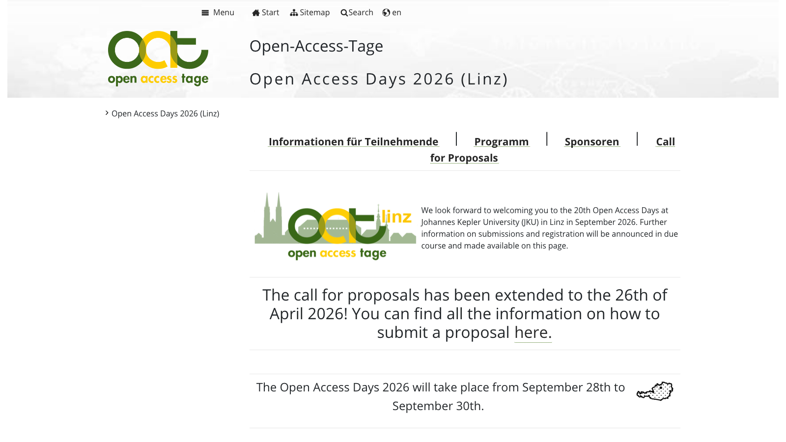 Open Access Days 2026 event page with the Linz edition branding