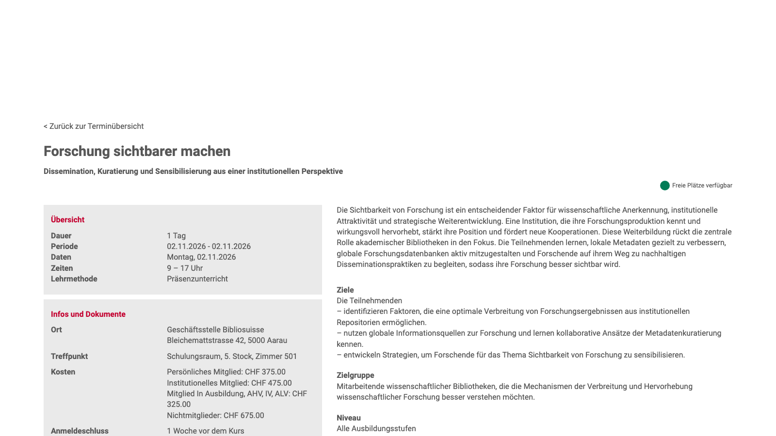 Bibliosuisse event page for the course Forschung sichtbarer machen