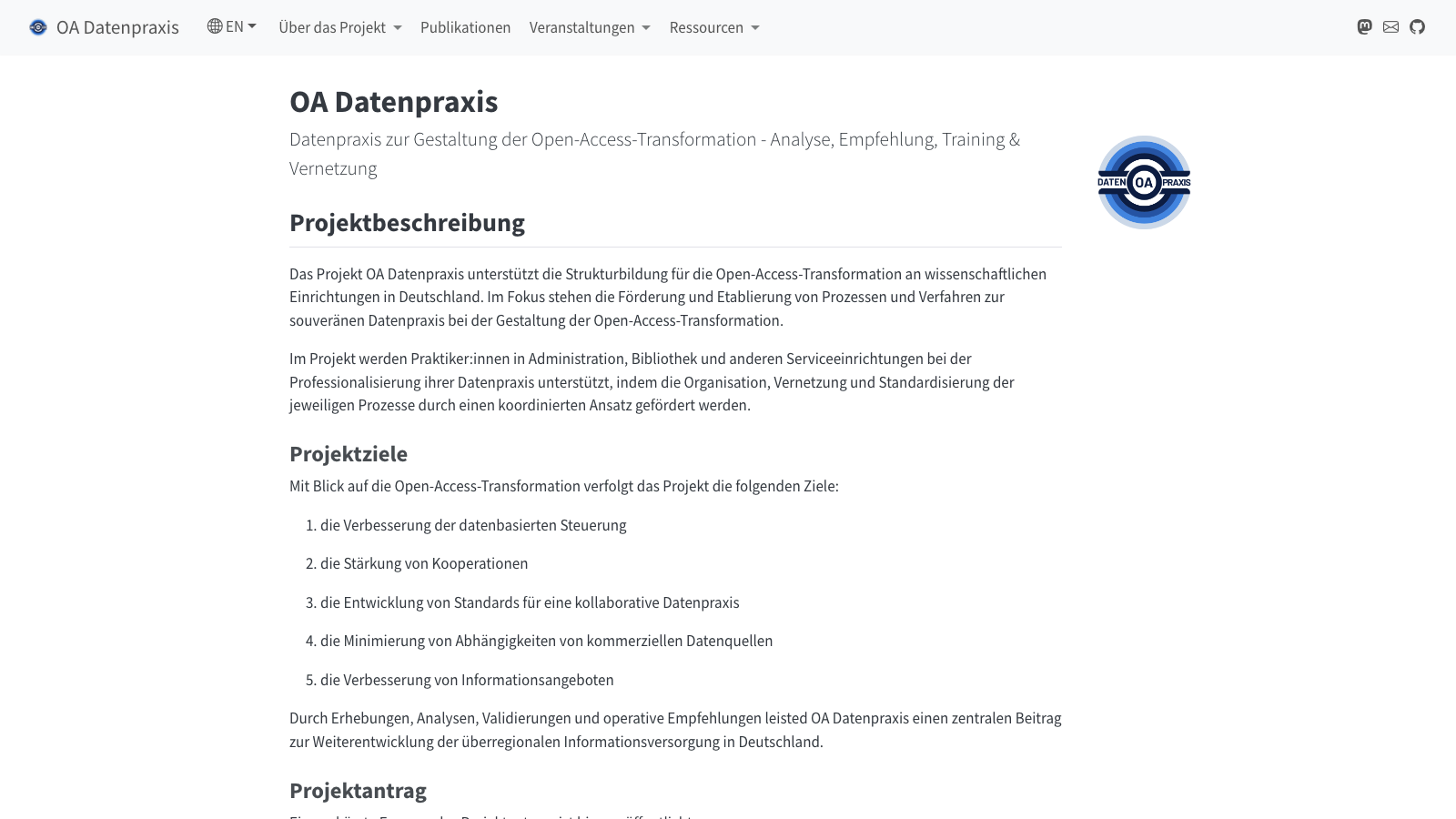 OA Datenpraxis project homepage describing its work on data practices for the Open Access transformation