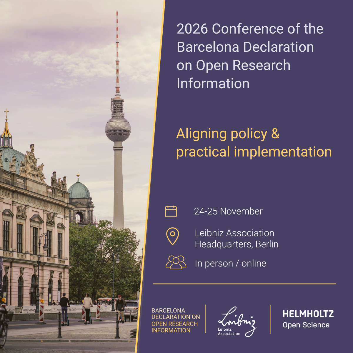 Announcement graphic for the 2026 Conference of the Barcelona Declaration on Open Research Information in Berlin