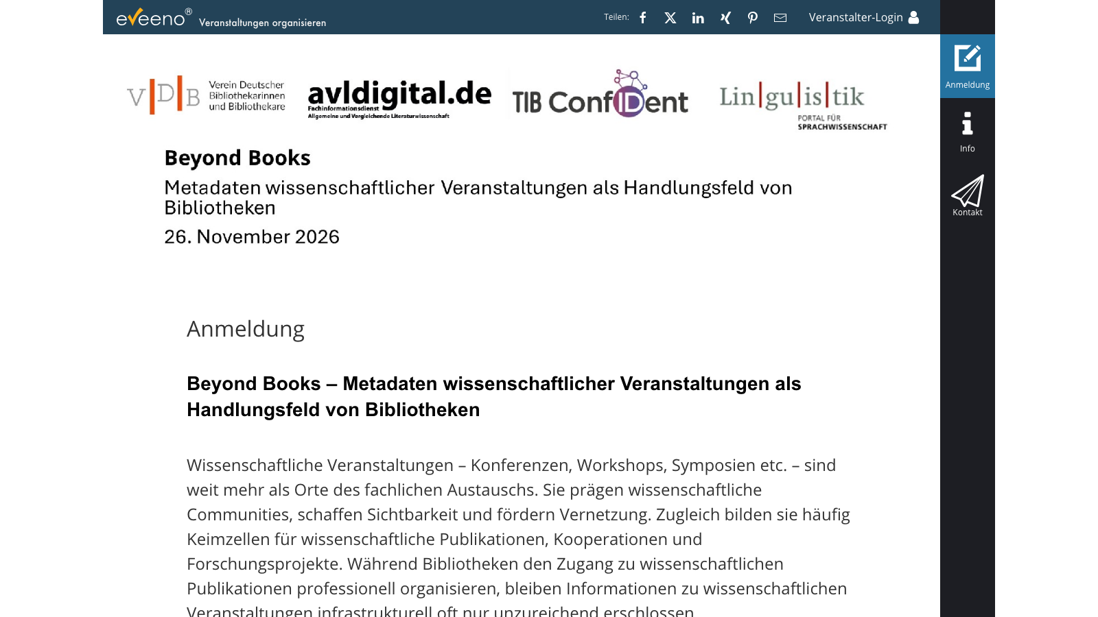 Beyond Books 2026 registration page on eveeno, showing the title, date, and organising partner logos