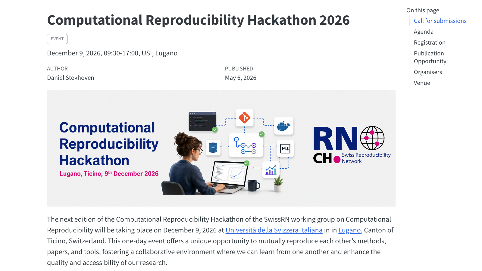 SwissRN Computational Reproducibility Hackathon 2026 event graphic