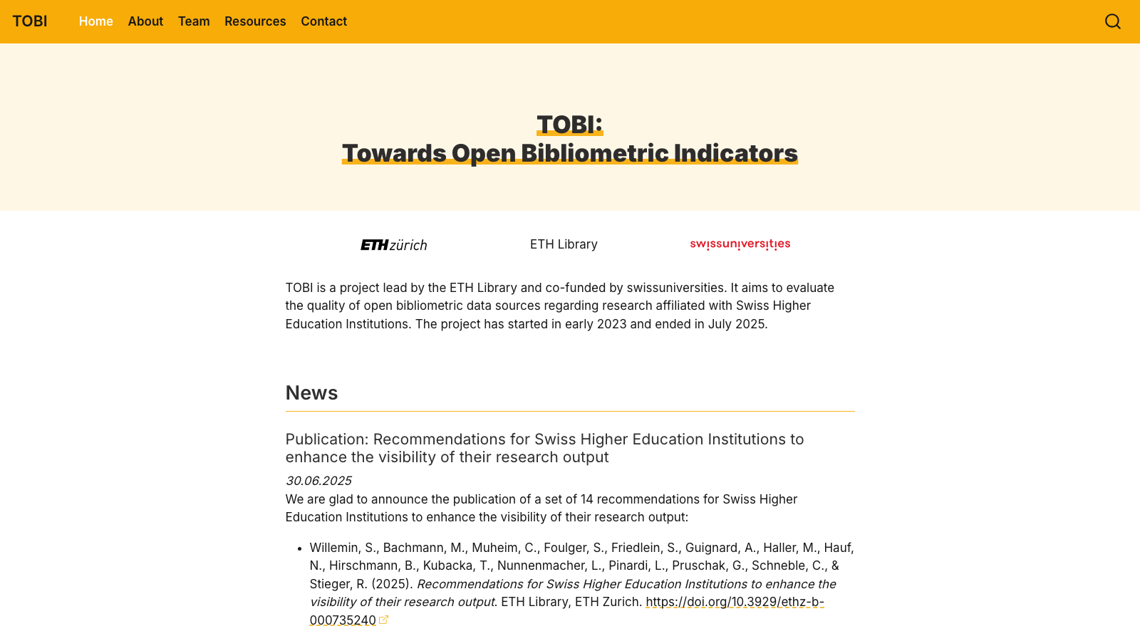 Screenshot of the TOBI project homepage
