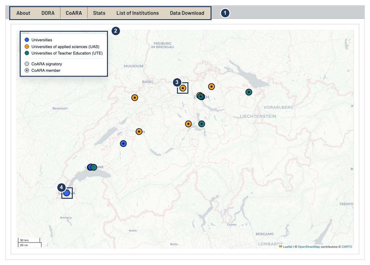 Annotated screenshot of the CoARA tab showing a map of Switzerland with coloured institution markers, with numbered markers on the tab strip, the legend, a marker with a central dot, and a marker without one